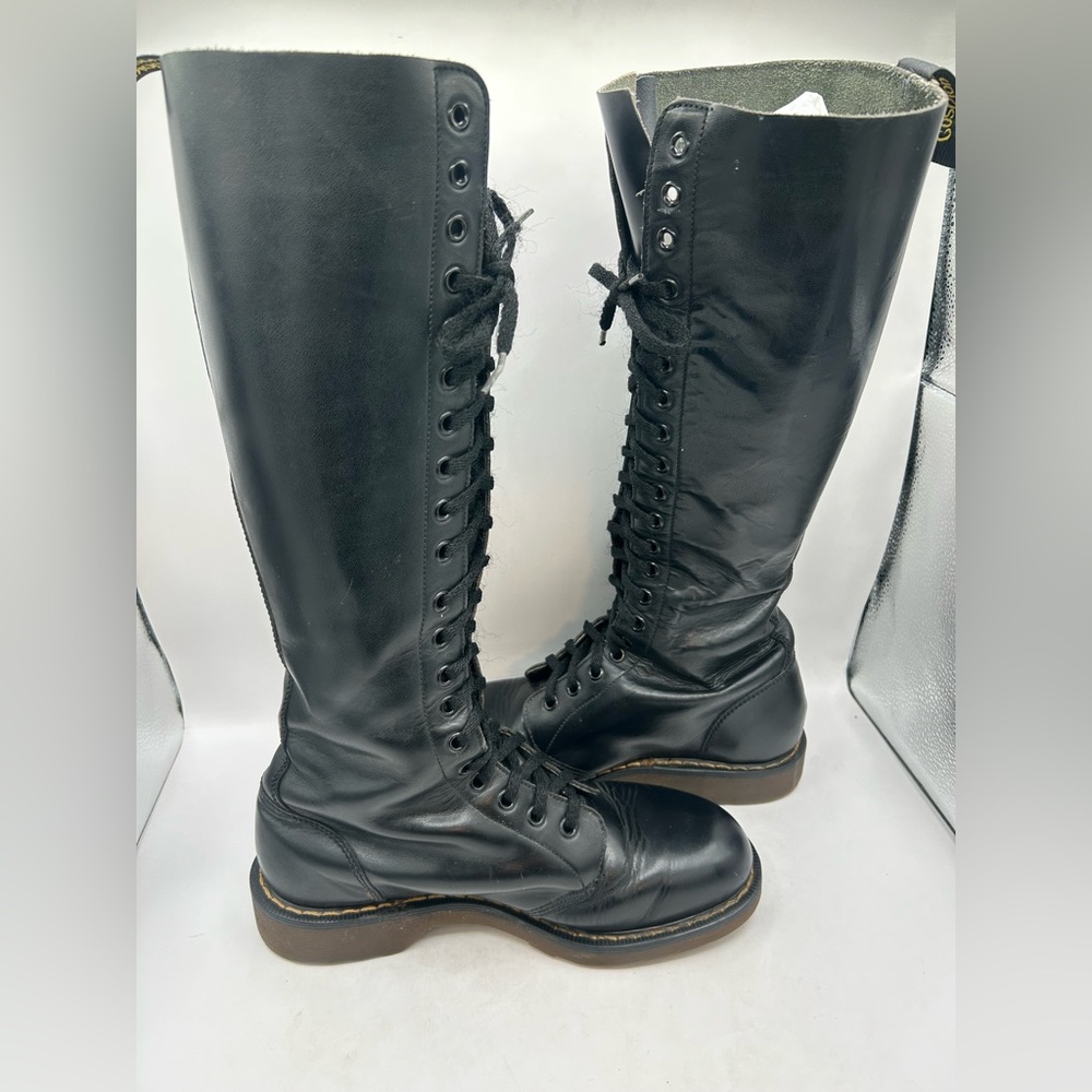 Vintage Dr Martens 1420 20 hole black knee high leather boots England m 8 W 9 - Picture 4 of 13